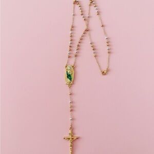 Elegant Gold and Green Rosary Necklace St jude